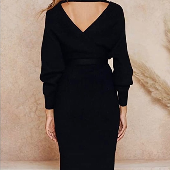 Ferlema Women's V Neck Belted Long Batwing Sleeves Party Knit Sweater Dress - Picture 2 of 4